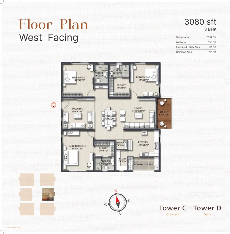 3 BHK 3,080 sq ft floor plan (Towers Crescent and Delta) at Rajapushpa Infina, Manchirevula, Hyderabad