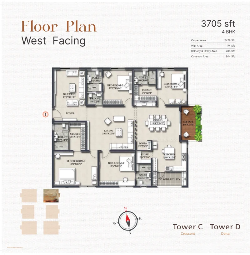 4 BHK 3,705 sq ft floor plan (Towers Crescent and Delta) at Rajapushpa Infina, Manchirevula, Hyderabad