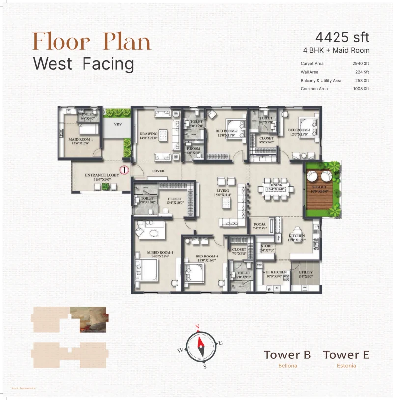 4 BHK plus maid room 4,425 sq ft floor plan (Towers Bellona and Estonia) at Rajapushpa Infina, Manchirevula, Hyderabad